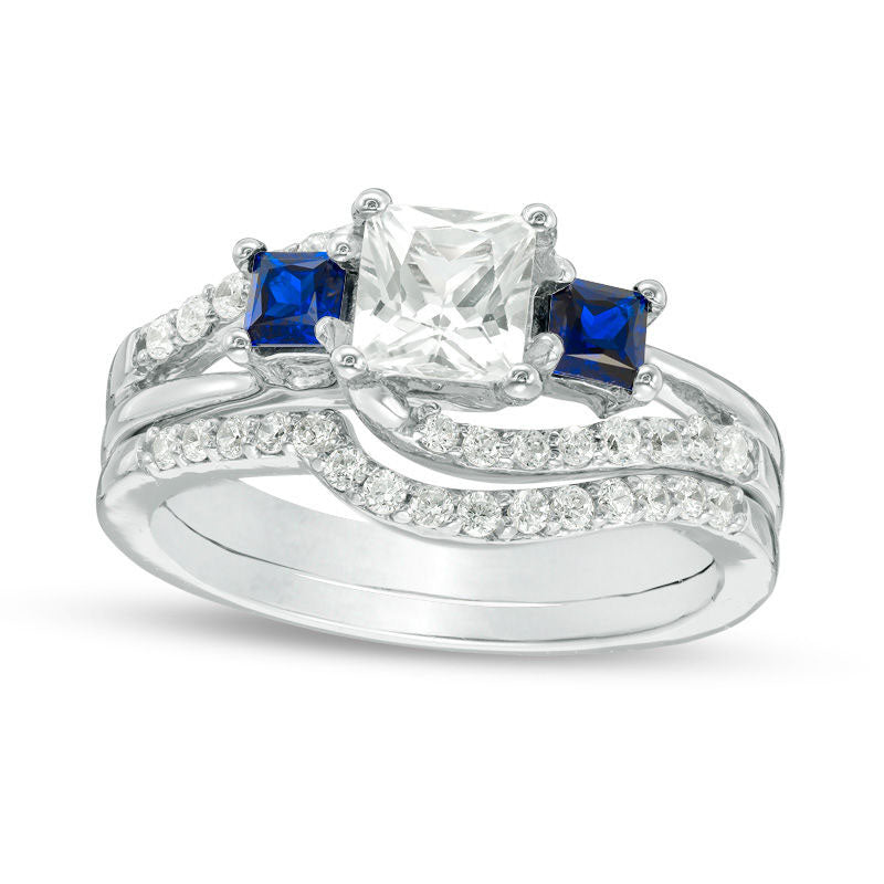 Image of ID 1 Princess-Cut Lab-Created Blue and White Sapphire with 038 CT TW Diamond Three Stone Bridal Engagement Ring Set in Sterling Silver