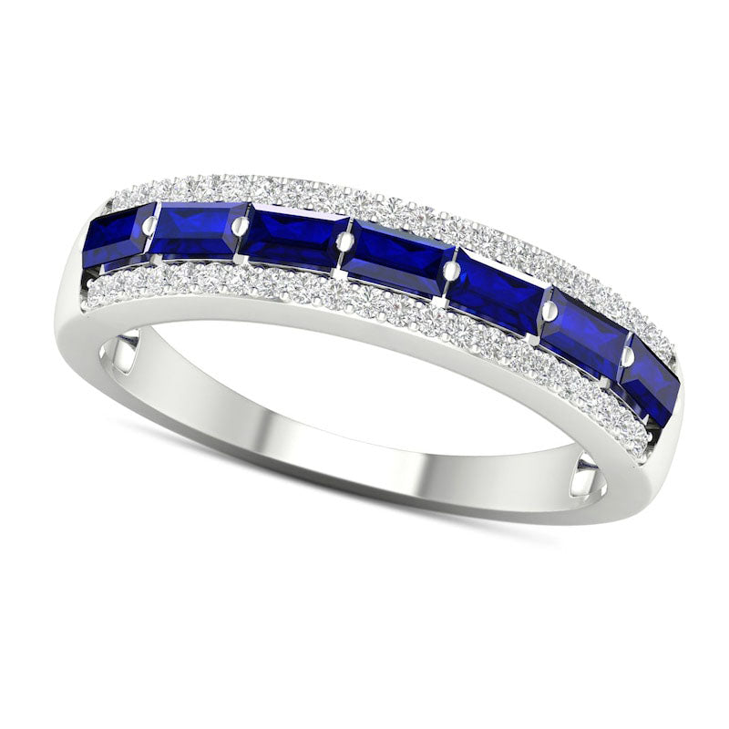 Image of ID 1 Sideways Baguette Blue Sapphire and 017 CT TW Natural Diamond Border Seven Stone Triple Row Ring in Solid 10K White Gold