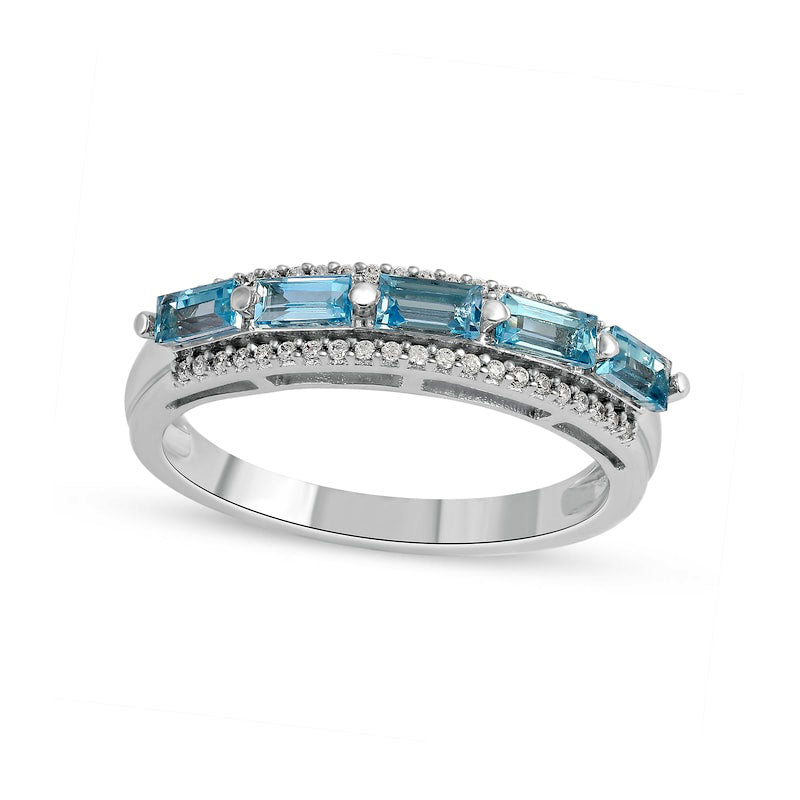 Image of ID 1 Sideways Baguette Swiss Blue Topaz and 013 CT TW Natural Diamond Border Five Stone Triple Row Ring in Solid 10K White Gold