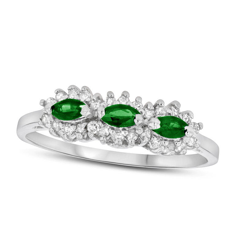 Image of ID 1 Sideways Marquise Emerald and 020 CT TW Natural Diamond Frame Three Stone Ring in Solid 14K White Gold