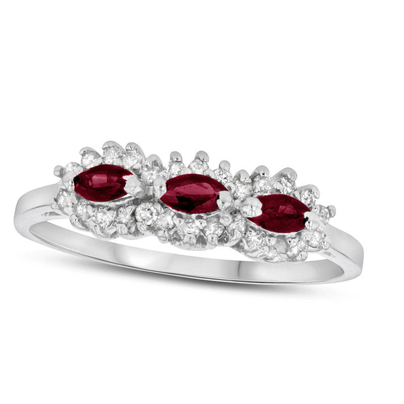 Image of ID 1 Sideways Marquise Ruby and 020 CT TW Natural Diamond Frame Three Stone Ring in Solid 14K White Gold