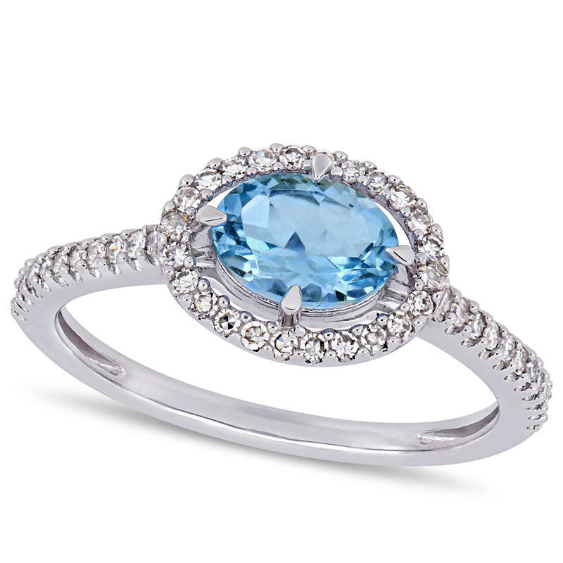 Image of ID 1 Sideways Oval Aquamarine and 025 CT TW Natural Diamond Frame Ring in Solid 10K White Gold