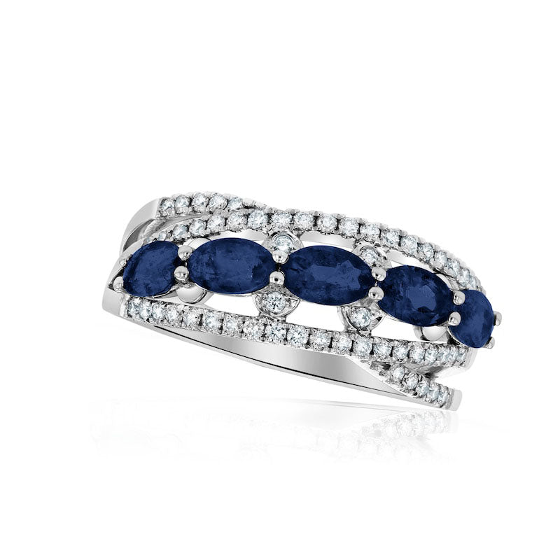 Image of ID 1 Sideways Oval Blue Sapphire and 025 CT TW Natural Diamond Five Stone Ring in Solid 14K White Gold