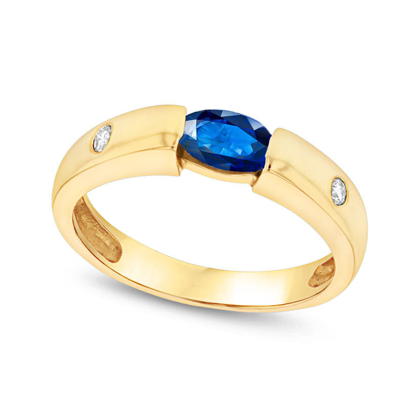 Image of ID 1 Sideways Oval Blue Sapphire and Natural Diamond Accent Ring in Solid 14K Gold