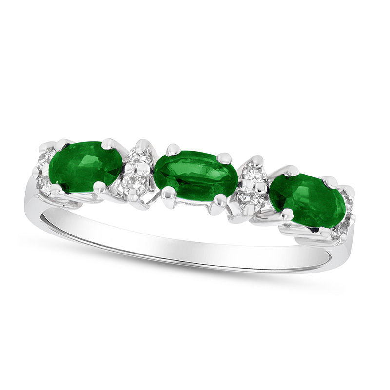 Image of ID 1 Sideways Oval Emerald and 010 CT TW Natural Diamond Three Stone Ring in Solid 14K White Gold
