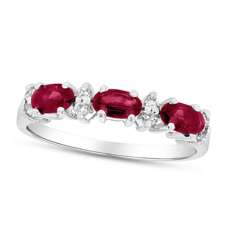 Image of ID 1 Sideways Oval Ruby and 010 CT TW Natural Diamond Three Stone Ring in Solid 14K White Gold