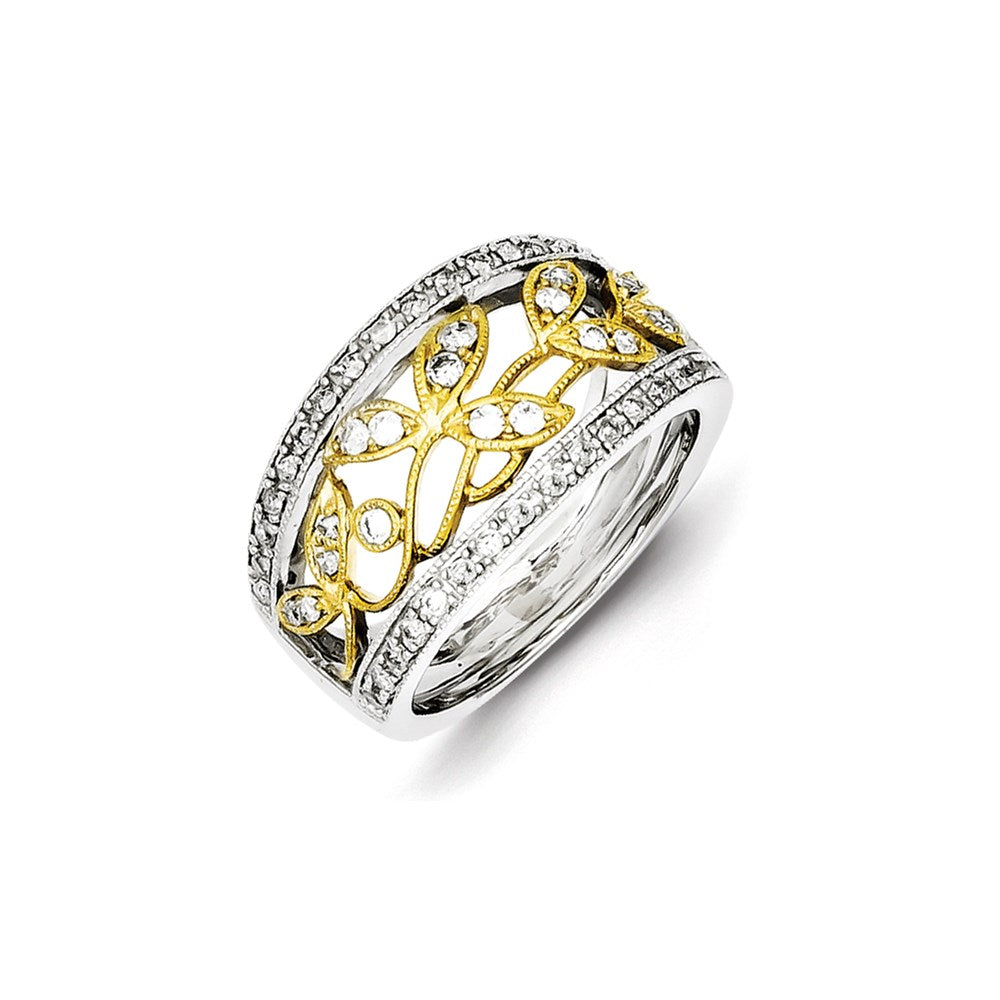 Image of ID 1 Sterling Silver & Flash Gold Plated Diamond Leaves Ring