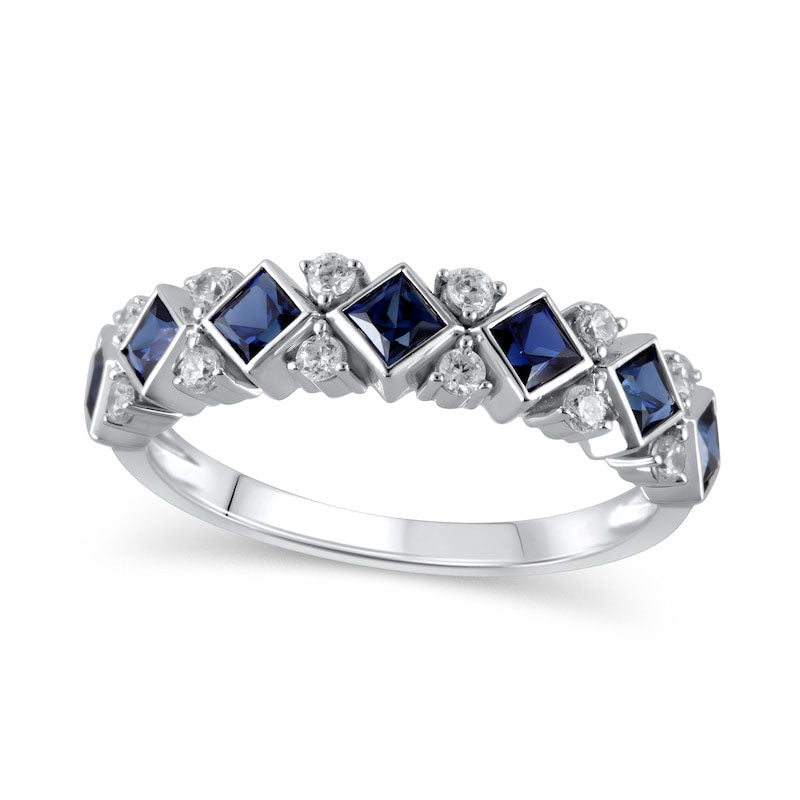 Image of ID 1 Tilted Princess-Cut Blue Sapphire and 020 CT TW Natural Diamond Duo Accent Ring in Solid 10K White Gold