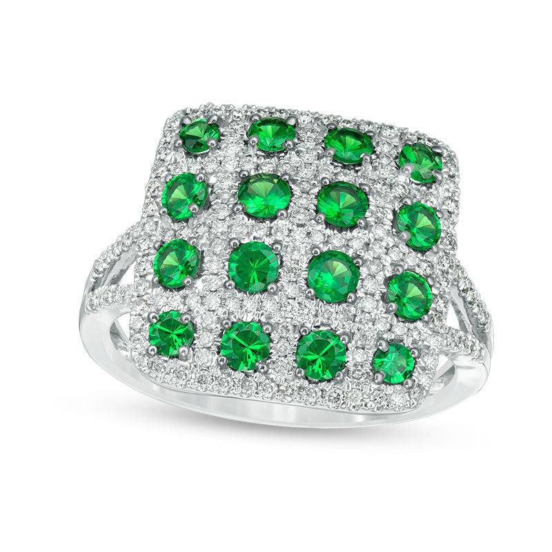 Image of ID 1 Tsavorite and 050 CT TW Natural Diamond Grid Pattern Split Shank Ring in Solid 14K White Gold