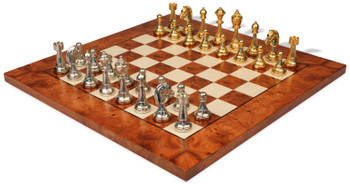 Image of ID 1129103682 Italian Arabesque Staunton Gold & Sliver Chess Set & Elm Burl Chess Board Package
