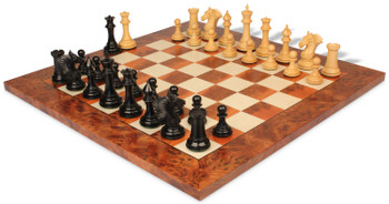 Image of ID 1192921288 Copenhagen Staunton Chess Set Ebony & Boxwood with Elm Burl & Erable Board - 45" King