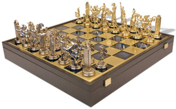 Image of ID 1202985443 Large Poseidon Theme Chess Set Brass & Nickel Pieces with Blue Board on Case