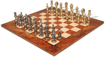 Image of ID 1215829877 Large Arabesque Contemporary Staunton Metal Chess Set with Elm Burl Chess Board