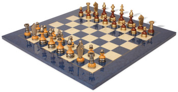 Image of ID 1224672065 Silhouette Knight Brass & Wood Chess Set with Blue Ash Burl Chess Board