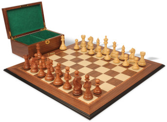 Image of ID 1225426124 Fierce Knight Staunton Chess Set Acacia & Boxwood Pieces with Walnut Molded Board & Box - 4" King