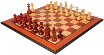 Image of ID 1225582102 Deluxe Old Club Staunton Chess Set Padauk & Boxwood Pieces with Padauk & Bird's Eye Maple Molded Edge Board - 375" King