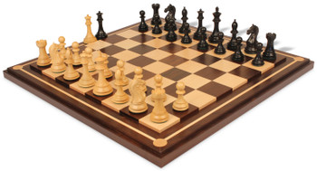 Image of ID 1229103495 Fierce Knight Staunton Chess Set Ebony & Boxwood Pieces with Walnut Mission Craft Chess Board - 4" King
