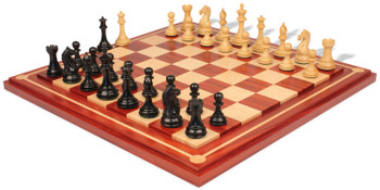 Image of ID 1229103498 Fierce Knight Staunton Chess Set Ebony & Boxwood Pieces with Mission Craft Padauk Chess Board - 4" King