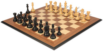 Image of ID 1229103502 Fierce Knight Staunton Chess Set Ebony & Boxwood Pieces with Walnut & Maple Molded Edge Board - 4" King