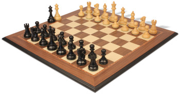 Image of ID 1229103535 British Staunton Chess Set Ebony & Boxwood Pieces with Walnut & Maple Molded Edge Board - 4" King
