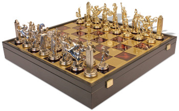 Image of ID 1229103550 Large Poseidon Theme Chess Set Brass & Nickel Pieces with Red Board on Case