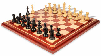 Image of ID 1229103552 British Staunton Chess Set Ebony & Boxwood Pieces with Mission Craft Padauk Chess Board - 4" King