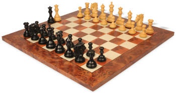 Image of ID 1230253541 Tencendur Staunton Chess Set Ebony & Boxwood Pieces with Elm Burl Board- 44" King
