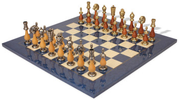 Image of ID 1230644817 Large Italian Arabesque Staunton Metal & Wood Chess Set with Blue Ash Burl Chess Board