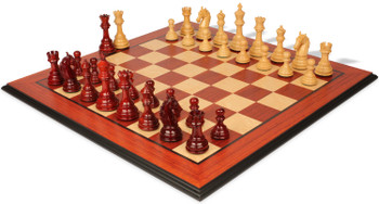 Image of ID 1231346973 Colombian Knight Staunton Chess Set Padauk & Boxwood Pieces with Padauk & Bird's Eye Maple Molded Edge Board - 46" King