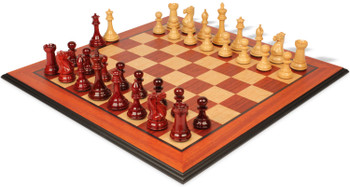 Image of ID 1233230556 New Exclusive Staunton Chess Set Padauk & Boxwood Pieces with Padauk & Bird's Eye Maple Molded Edge Board - 35" King