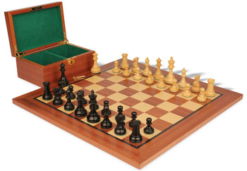 Image of ID 1233296775 British Staunton Chess Set Ebony & Boxwood Pieces with Classic Mahogany Board & Box - 4" King