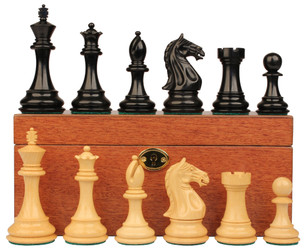 Image of ID 1233296780 Fierce Knight Staunton Chess Set Ebony & Boxwood Pieces with Classic Mahogany Board & Box - 4" King