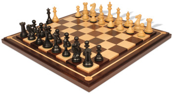 Image of ID 1235708557 New Exclusive Staunton Chess Set Ebony & Boxwood Pieces with Walnut Mission Craft Chess Board - 4" King