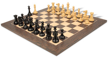 Image of ID 1236186958 New Exclusive Staunton Chess Set Ebonized & Boxwood Pieces with Deluxe Tiger Ebony & Maple Board - 4" King