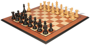 Image of ID 1236302067 New Exclusive Staunton Chess Set Ebony & Boxwood Pieces with Mahogany & Maple Molded Edge Board - 4" King