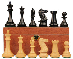Image of ID 1236302068 New Exclusive Staunton Chess Set Ebony & Boxwood Pieces with Classic Mahogany Board & Box  - 4" King