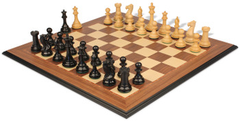 Image of ID 1237400132 New Exclusive Staunton Chess Set Ebony & Boxwood Pieces with Walnut & Maple Molded Edge Board - 35" King