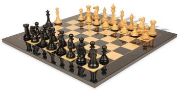 Image of ID 1237400153 New Exclusive Staunton Chess Set Ebony & Boxwood Pieces with Black & Ash Burl Board - 35" King