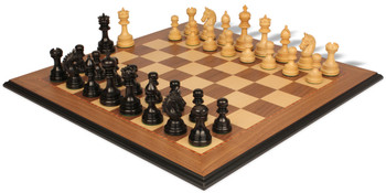 Image of ID 1237622753 Chetak Staunton Chess Set in Ebony & Boxwood with Walnut& Maple Moulded Edge Chess Board - 425" King