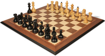 Image of ID 1239381851 Dubrovnik Series Chess Set High Gloss Black & Boxwood Pieces with Walnut & Maple Molded Edge Board- 39" King