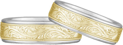 Image of ID 1247851708 Engraved Paisley Wedding Band Set 14K Two-Tone Gold