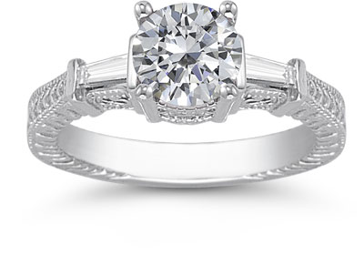 Image of ID 1247852306 Round and Baguette CZ Engraved Engagement Ring 14K White Gold