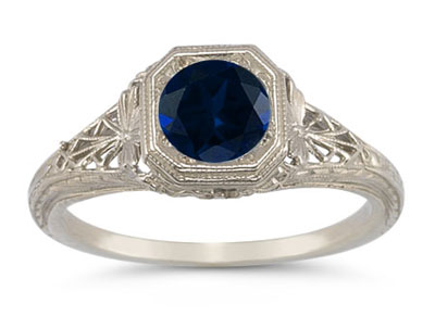 Image of ID 1247852322 Victorian-Era Style Filigree Sapphire Ring in 14K White Gold