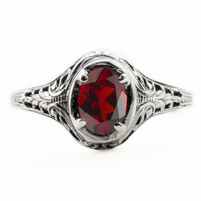 Image of ID 1247852759 Oval Cut Garnet Art Nouveau Style 14K White Gold Ring