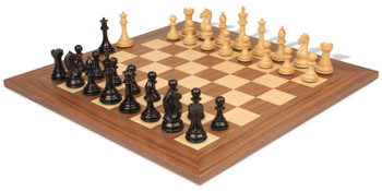 Image of ID 1250104471 Fierce Knight Staunton Chess Set Ebony & Boxwood Pieces with Walnut & Maple Deluxe Board - 4" King