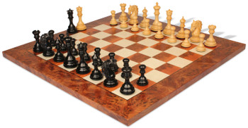 Image of ID 1252540262 Palomo Staunton Chess Set Ebony & Boxwood Pieces with Elm Burl Board - 44" King