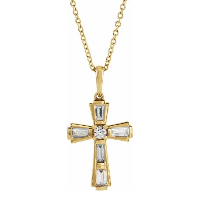 Image of ID 1260126401 diamond baguette cross necklace 14k yellow gold