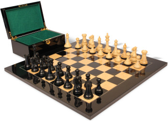 Image of ID 1262117444 New Exclusive Staunton Chess Set Ebonized & Boxwood Pieces with Black & Ash Burl Board & Box - 35" King