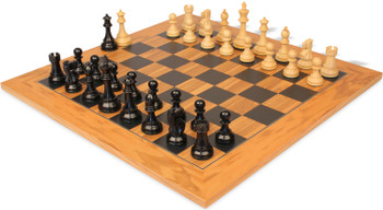 Image of ID 1269758808 British Staunton Chess Set Ebony & Boxwood Pieces with Olive Wood & Black Deluxe Board - 4" King