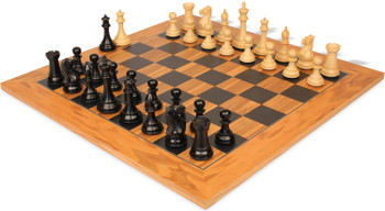 Image of ID 1269758825 New Exclusive Staunton Chess Set Ebony & Boxwood Pieces with Olive & Black Deluxe Board - 4" King